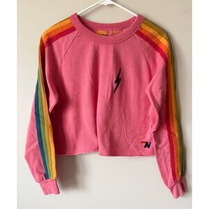 AVIATOR NATION Cropped Bolt Stitch Sweatshirt Pink Striped XS